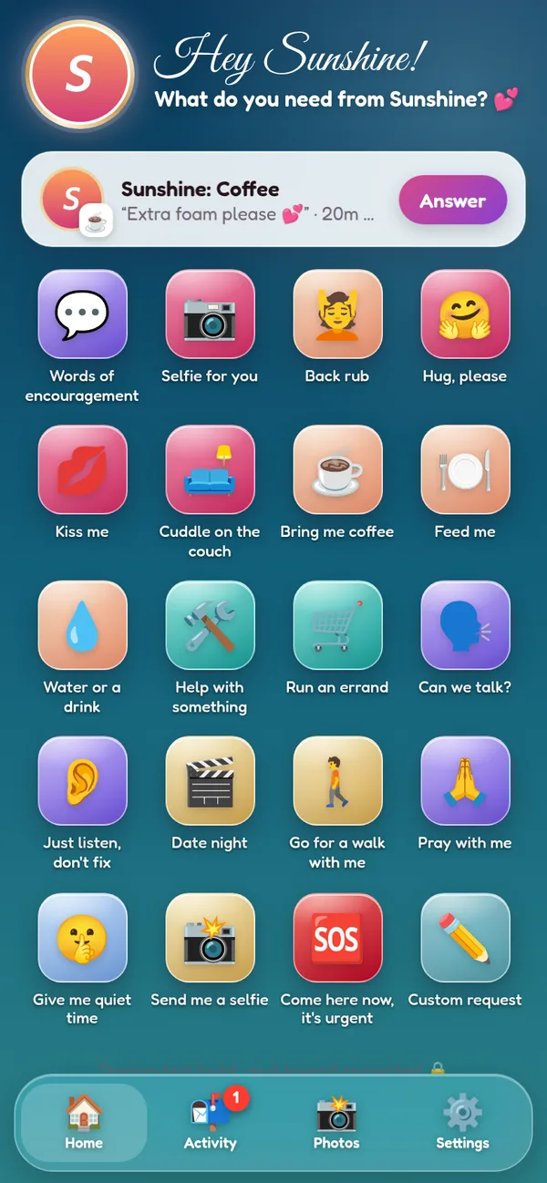 Hey Babe home screen with one-tap request buttons